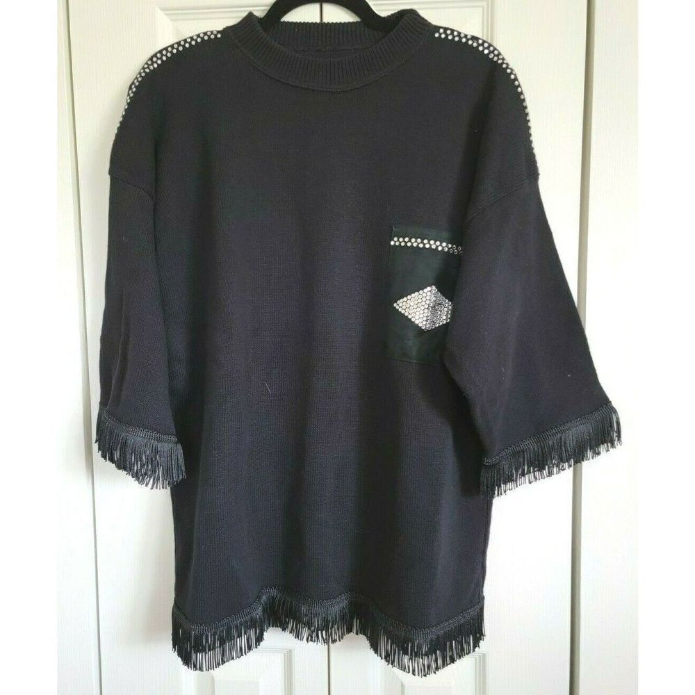 Mardel Handcrafted‎ Sweater Black Fringe/Rhinestone Accents Unworn Size XL